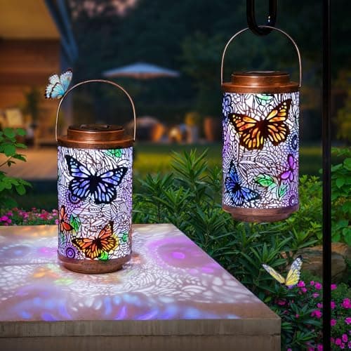2Pack Solar Outdoor Lanterns Waterproof Butterfly Garden Gifts for Women, Multicolor Solar Outside Lights Lantern for Yard, Backyard, Porch, Mothers Day Gifts for Mom Grandma Wife - Image 1