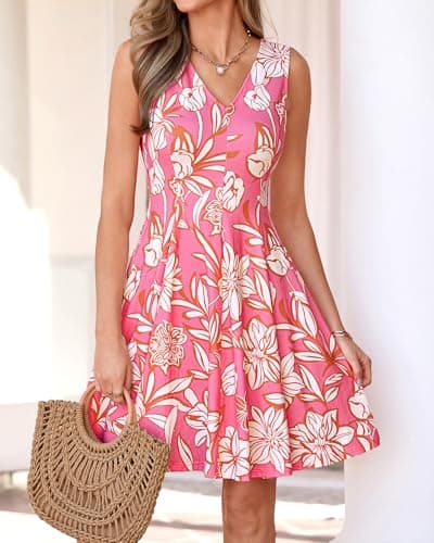 BTFBM Womens Summer Dresses 2026 Spring Casual Sleeveless Floral Knit Flowy A-Line Mini Dress Pockets Beach Sundress(Floral Pink Beige, Large) - Thumbnail 5