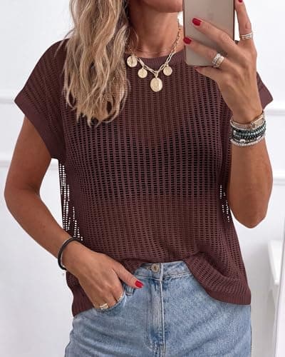 KIRUNDO Crochet Tops for Women 2026 Summer Beach Vacation Clothes Cover Up Mesh Top Lightweight Sweater Cruise Resort Wear(Brown, X-Large) - Thumbnail 2