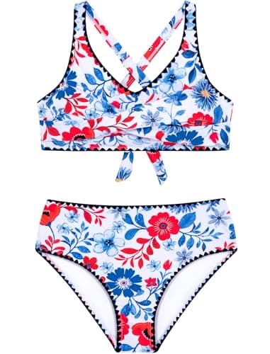 Teen Swimsuits for Girls 12-14 Junior Two Piece Bikini Sets Kids Hawaiian Floral Crisscross Bathing Suits Tween Blue Red Swim Suit Swimwear - Image 1