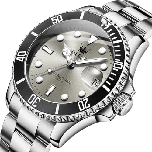 OLEVS Silver Luxury Men's Wrist Watches Analog with Day Date Grey Large Face Original Waterproof Stainless Steel Watches for Men Dress Quartz Watch - Thumbnail 2