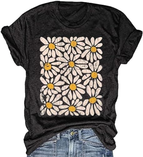 Womens Boho Floral Shirt Vintage Flower Tee T-Shirt Summer Short Sleeve T Shirts Cute Graphic T Shirt(B6A-Black3,S) - Image 1