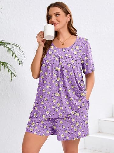AusLook Women's Plus Size Pajama Sets Short Sleeve Top and Shorts Purple Chrysanthemum 2X Casual Comfy Soft Ladies Short Pajamas Set Loungwear Sleepwear Pjs Set 2 Piece Lounge Set with Pockets - Thumbnail 2