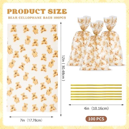 Docvania Clear Bear Cellophane Treat Bags Plastic Gift Bag 100 pcs 7 X 12 Clear Bear Cookie Bags with Ties Goodie Candy Bag Suitable for Birthday, Baby Shower , Boy Girl Party Favors ,Valentine's Day, and Holiday Parties - Thumbnail 2