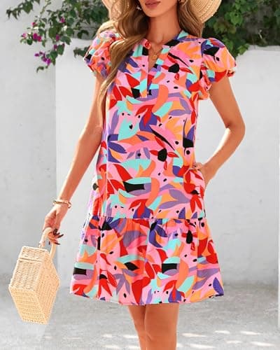 dowerme Womens Summer Dresses 2026 Puffy Sleeve V Neck Loose Floral Print A Line Boho Mini Babydoll Dress with Pockets(Red,XX-Large) - Thumbnail 6