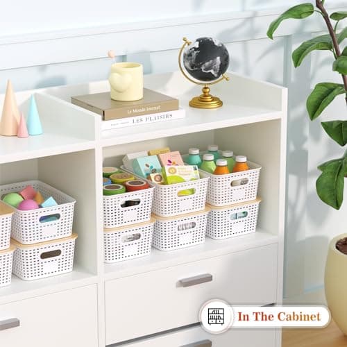 Ohmlove Plastic Storage Baskets With Bamboo Lid - Plastic Storage Containers Stackable Storage bins: Storage Baskets for Organizing Shelves Drawers Desktop Closet Playroom Classroom Office, 6 Pack - Thumbnail 4