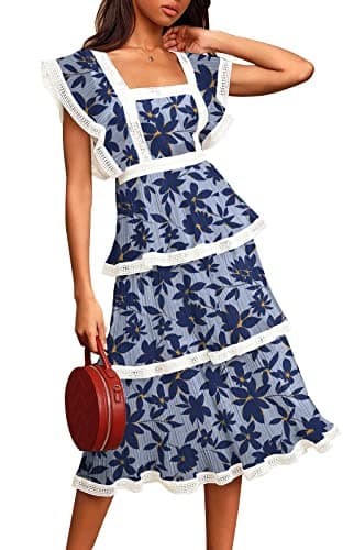 ETCYY Women's Summer Ruffle Dress Tiered Layed Chiffon Lace Short Sleeve Boho Floral Print Party Wedding Guest Maxi Dresses,Floral Lily,Medium - Image 1