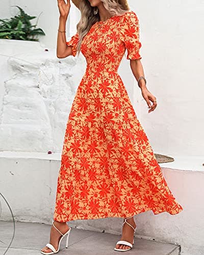 BTFBM Women Casual Summer Dresses 2026 Spring Crew Neck Ruffle Short Sleeve Smocked Floral Boho Flowy Maxi Dress Clothes(Big Floral Orange, Small) - Thumbnail 2