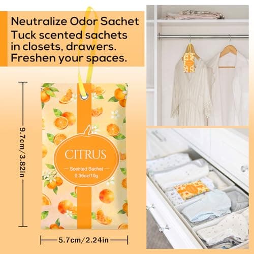 SCENTORINI Scented Sachets for Drawers and Closets, Citrus Scent 14 Pack, Long-Lasting Sachets Bags Wardrobe Freshener for Dresser, Closets, Clothes Storage, Suitcases - Thumbnail 5