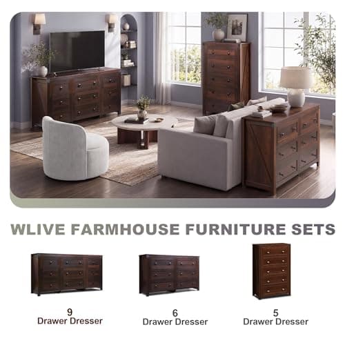 GALAXHERO Farmhouse TV Stand, 63" Wide 9-Drawer Storage Organizer, Wood TV Console for Living Room, Office, for 70 inch TV, Ball Bearing Slide, Brown - Thumbnail 5