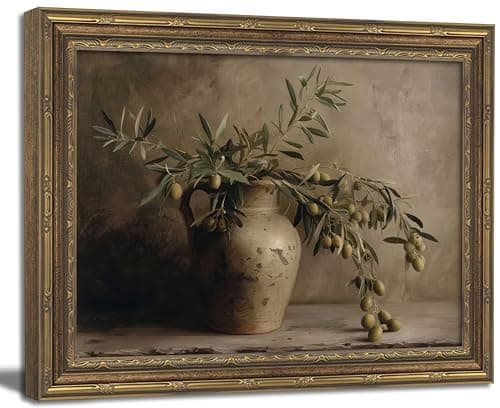 Gold Framed Wall Art, Vintage Olive Branch Canvas Prints - Rustic Kitchen Still Life Pictures, Neutral Mediterranean Botanical Decor Gallery Artwork for Farmhouse Dining Room 12x16 inch - Image 1