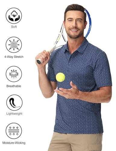 Cotrasen Golf Polo for Men Print Shirts Short Sleeve Moisture Wicking Performance Collared Breathable Tee Shirts Navy Blue M - Thumbnail 3