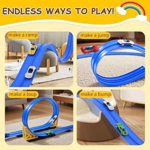 Kimdog Flexible Race Track for Kids - 15Ft Car Track with 4 Vehicle in 1:64 Scale, 4M DIY Car Ramp Roll Up, Play Race Cars for 3 4 5 6 Year Old Boys Girls, Little People Gifts for Birthday Christmas - Thumbnail 2