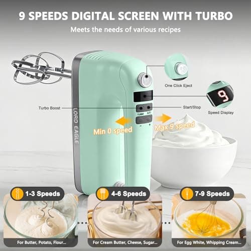 Lord Eagle 9-Speed Digital Hand Mixer Electric Handheld, 500W DC Motor - Thumbnail 2