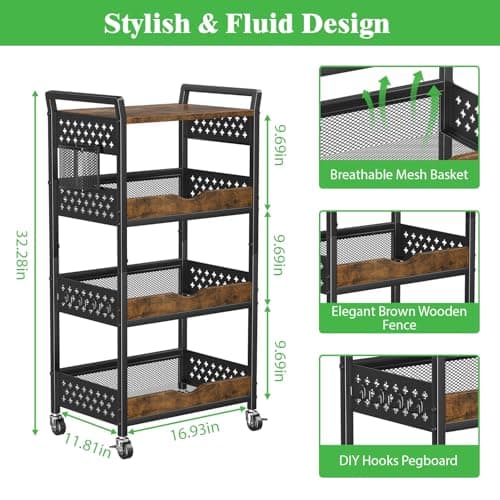 MJIMKE 4-Tier Utility Rolling Cart with Wheels - Kitchen Organizations and Storage Metal Cart, Detachable Fruits Coffee Snacks Art Craft Storage Cart for Bathroom, Pantry & Laundry, Black - Thumbnail 2