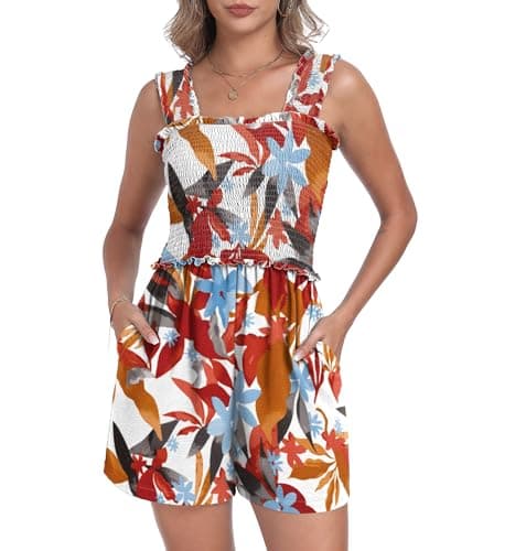 QIXING Womens Rompers for Summer Short Overalls Jumpsuits for Women Casual Loose Fit Wide Leg One Piece Sleeveless Jumpsuit Printed Short Pant Rompers Vacation Clothes with Pockets FP-White Maple-S - Image 1