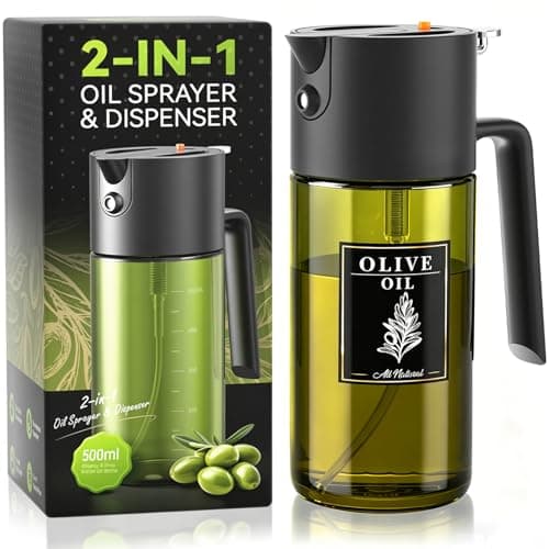 2-IN-1 500ml/17oz Light-Blocking Dark Oil Sprayer for Cooking with Sticker, Dark Green Glass Olive Oil Dispenser Bottle for Kitchen, Even Spray with Portion Control, Perfect for Air Fryer, BBQ - Black - Image 1