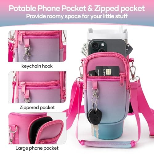 linmaya Water Bottle Carrier Bag for Stanley Cup 40/30oz with Phone Holder Pockets,Neoprene Water Bottle Cross-body Bag with Adjustable Shoulder & Hand Strap Stanley Cup Accessories - Thumbnail 3