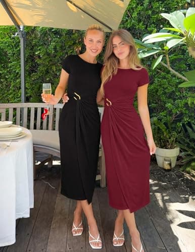 MEROKEETY Womens Summer Bodycon Wrap Midi Dress 2026 Formal Short Sleeve Asymmetrical Ruched Elegant Cocktail Party Dresses, Black, Medium - Thumbnail 6