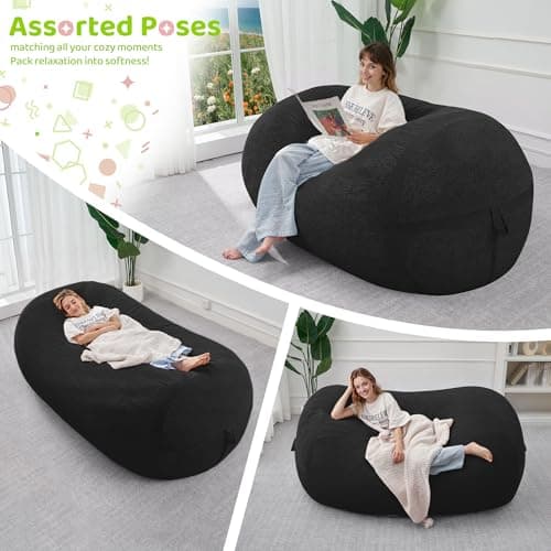 HABUTWAY Bean Bag Chair, 5FT Large Bean Bag Chair with Removable Cover, Comfy Beanbag Chair with Memory Foam Filling, Bean Bag Sofa for Living Room Bedroom Reading Room, Black - Thumbnail 4