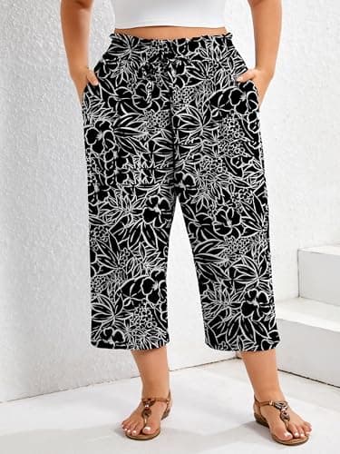 AusLook Plus Size Capri Wide Leg Pants for Women with Pockets High Waisted Elastic Drawstring Summer Casual Flowy Boho Vacation Beach Cropped Black White Flowers 5X Trousers - Thumbnail 3