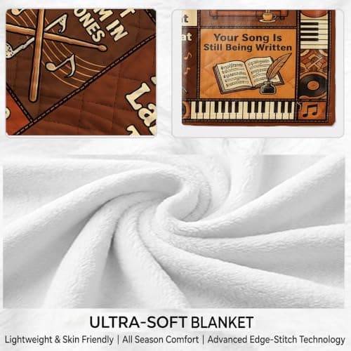Nxchptr1 Retro Music Throw Blanket for Music Lovers, Vintage Patchwork Design with Guitar Vinyl Record, Gifts for Musicians Men Women, Soft Lightweight Cozy Throw Decor for Home Bed Couch 50'' x 60'' - Thumbnail 5