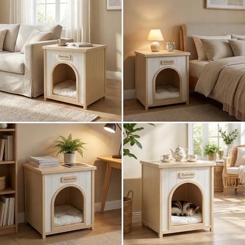 Lumicedar Indoor Dog House for Small Dogs, Solid Cedar Wood Dog House Indoor, Flat-Top Wooden Dog House, Arched Door & Soft Dog Bed, Dog House for Dogs & Cats (Natural, 20.3" D x 20.9" W x 23.6" H) - Thumbnail 5