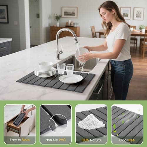 HABUTWAY Large Stone Dish Drying Mat for Kitchen Counter – 24"×16" Collapsible Diatomaceous Earth Mat, Ultra Absorbent & Quick Dry, Foldable Drying Pad for Dishes, Bottles, Cups (Dark Grey) - Thumbnail 4