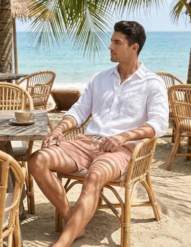 JMIERR Men's Casual Cotton Linen Shorts - Drawstring Summer Beach Stretch Golf Dress Short 5 inch Polo Shorts with Pockets Elastic Waist,3XL,B Pink - Thumbnail 3