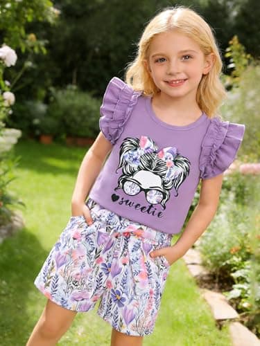 AMAWMW Girl's Outfits Ruffle Sleeve Shirt Top High Waist Paper Bag Shorts with Pockets Cute Summer Clothes, Purple, 11-12 Years - Thumbnail 2