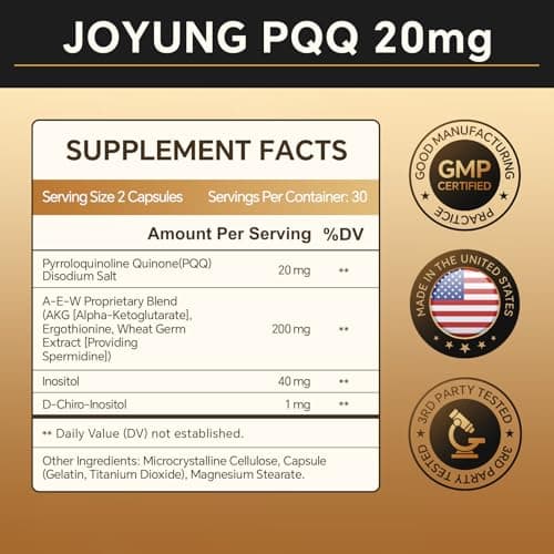 Joyung 20mg PQQ Supplement with AKG 200mg, Pyrroloquinoline Quinone, Antioxidant for Energy & Cognitive Support, Brain Function, Vegan Capsules, 60 Capsules - Thumbnail 2