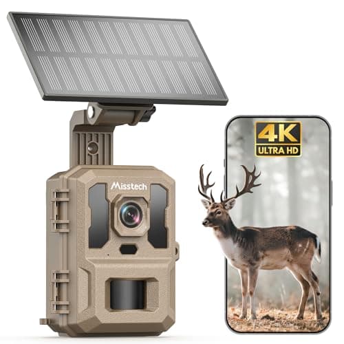 Misstech 4K UHD Solar Trail Camera for Game & Wildlife Monitoring - 0.1s Fast Activation to Record Animals, 64MP/4K Clear Night Vision, No Monthly Fee, App Control, IP66 Waterproof, 32GB SD Card