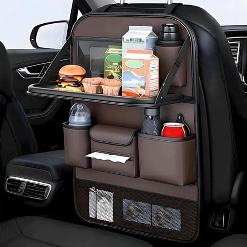 FASTAGEI Universal Foldable Car Backseat Organizer with Table Tray, Car Seat Back Protector with Touch Screen Phone Holder, Premium Leather Kick Mats with Storage Pockets Tissue Holder (Brown)