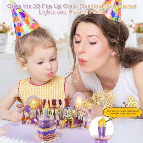 XTF2015 Firework Birthday Cards，Music & LED Lights 3D Pop Up Greeting Card with Blowable Birthday Cake, Comes with Digital DIY, Sticky Note and Envelope, for Lover, Family and Friend - Thumbnail 3