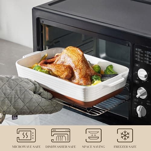 MALACASA 9x13 Ceramic Baking Dish, 4.8 QT Deep Casserole Dish with Handles, Oven Safe Lasagna Pan for Baking, Roasting & Serving, Rectangular Bakeware, Khaki & White, Tara - Thumbnail 4