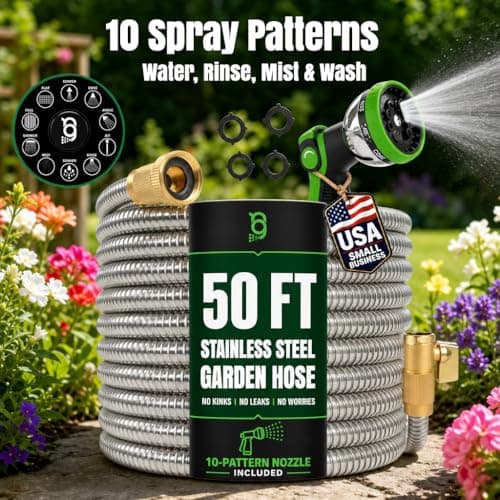50 FT Garden Hose Stainless Steel Heavy Duty with Spray Nozzle, Lightweight and No-Kink Flexible Water Hose 50 FT with 3/4" Solid Brass Fittings, Metal Waterhose for Outside 50FT, Manguera Para Jardin - Thumbnail 5