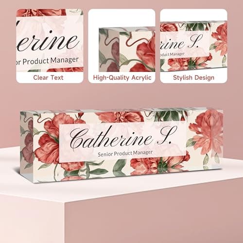 Personalized Desk Name Plate with Floral Art, Custom Acrylic Nameplate for Office Decor, Unique Employee Appreciation Gift, Professional Name Sign for Boss, Teacher, Nurse & Coworker. - Thumbnail 4
