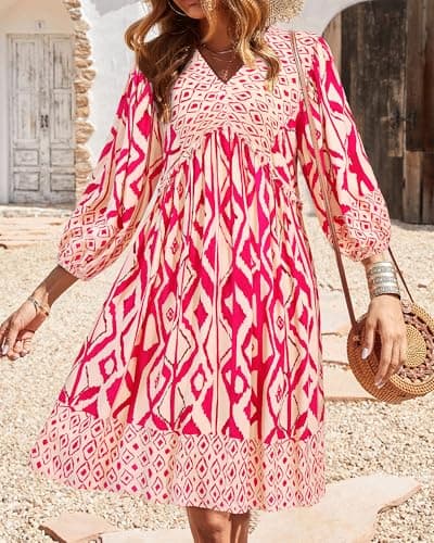 BTFBM Womens Summer Dresses 2026 Casual V Neck 3/4 Long Sleeve Ruffle Floral Flowy Boho Babydoll Mini Spring Beach Dress(Print Rose Red, Small) - Thumbnail 3