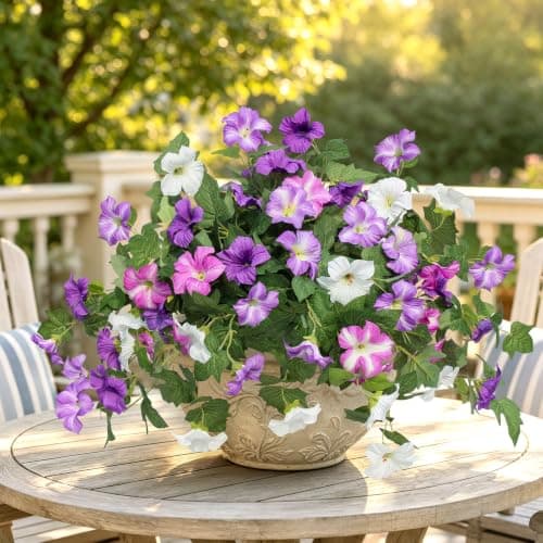 Flortevera Artificial Fake Flowers Plants for Outdoor UV Resistant, 2PCS Silk Faux Petunias No Fade Summer for Outside Planter Front Door Porch Yard Patio Balcony Realistic Decoration Purple White - Thumbnail 4