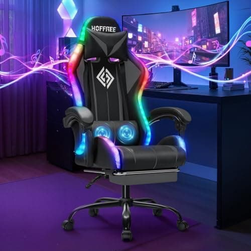 HOFFREE RGB Gaming Chair with Speakers Massage Computer Gaming Chair with LED Lights and Footrest High Back Video Game Chair for Adults Grey and Black