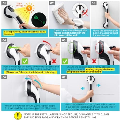 TAILI Shower Grab Bar Glow in The Dark, 16.8 in Grab Bars for Bathtubs, Shower Handles Bath Rails for Seniors and Elderly, Bathroom Safety Grip Removable No Drilling Waterproof Black - Thumbnail 4