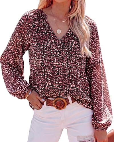 BTFBM Blouses for Women Dressy Casual Floral Summer Boho Tops V Neck Lightweight Long Sleeve Shirts Spring Clothes 2026(Print Red Black, XX-Large) - Image 1