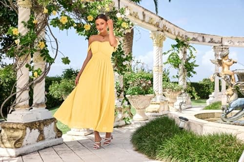 2025 Women's Summer Sleeveless Off Shoulder Floral Flowy A Line Maxi Dresses Light Yellow XXL - Thumbnail 4