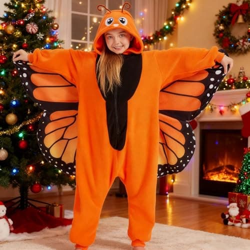 CWDGAGANB Kids Orange Monarch Butterfly Onesie Pajamas Butterflies Costume Halloween Costumes Cosplay Sleepwear for Girls Boys 120cm - Thumbnail 5