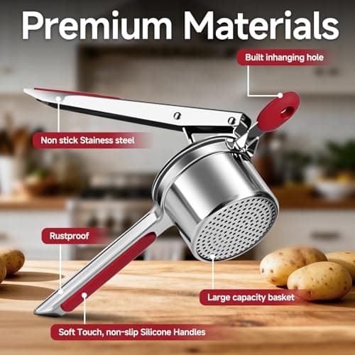 Potato Ricer for Mashed Potatoes-Stainless Steel 15oz Large Capacity,All Clad,Heavy Duty,Ergonomic Handle for Spaetzle,Oranges, Lemons, Pumpkins, Carrots, Avocados(RED) - Thumbnail 3