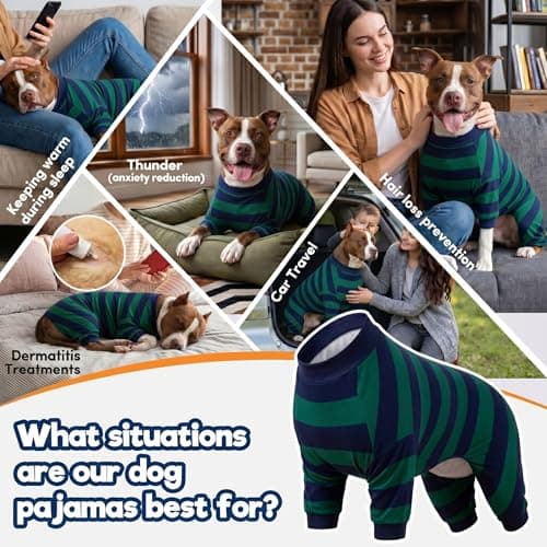 LovinPet Large Dog Pajamas Bodysuit, Lightweight Stretchy Knit Pullover Dog Onesie, Pet Pajamas for Dogs, Green and Black Stripe Print Dog Shirt, UV Protection, Stop Shedding for Dogs, Pet PJ's, L - Thumbnail 5