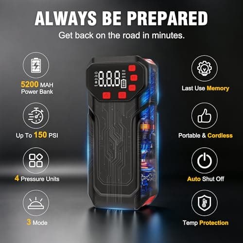 Tire Inflator Portable Air Compressor,5200mAh Cordless Car Air Pump with Digital Pressure Gauge, 150PSI Electric Tire Pump with Auto-Shutoff & LED Light Smart Inflation (Black) - Thumbnail 3