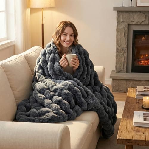 DREAMNINE Soft Faux Bubble Rabbit Fur Throw Blanket for Couch, Thick Cozy Decorative Warm Fuzzy Fur Blanket for Sofa Chair Bedroom Living Room Dorm Gift, 50 * 60 Inches, Grey - Thumbnail 3