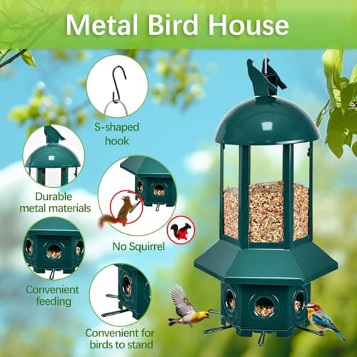 Professional Squirrel Proof Bird Feeders - Sorflife Large Capacity 5.06 lbs, Reliable and Rust Resistant Metal Bird Feeding Station for Prevents Squirrels from Stealing Food and Easy Refilling Green - Thumbnail 2