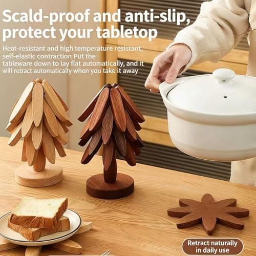 Wooden Trivets for Hot Dishes, Tree Shape Trivet Set, 4 Wooden Trivets + 1 Stand, for Hot Dishes, Pot, Bowl, Teapot, Hot Pot Holders(Walnut Wood) - Thumbnail 2